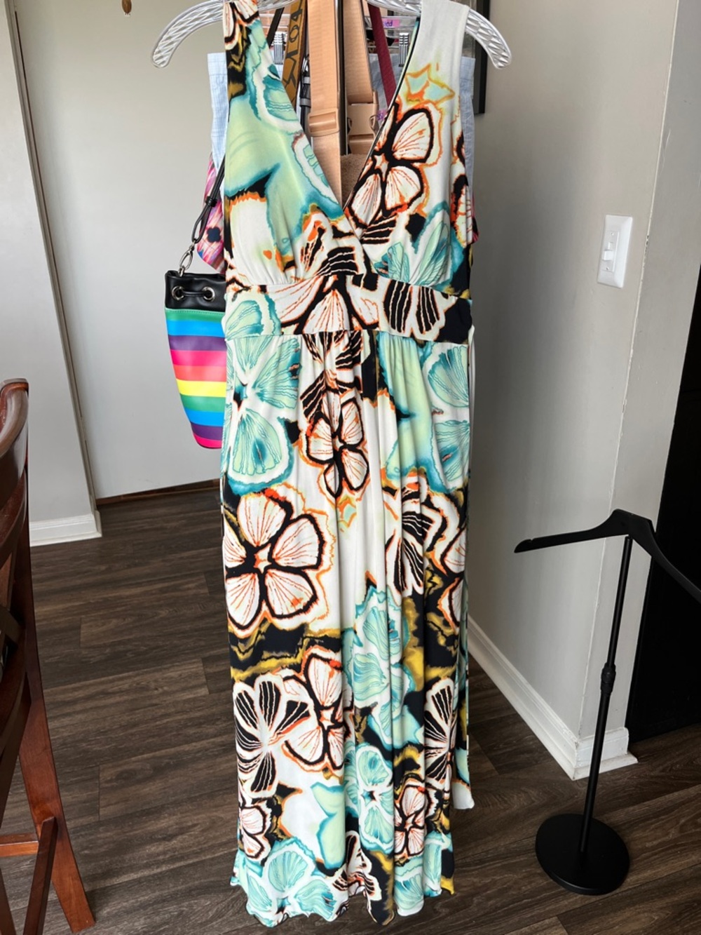 Lily Sleeveless Floral V-Neck Maxi Dress in Aqua, Black, White and Gold